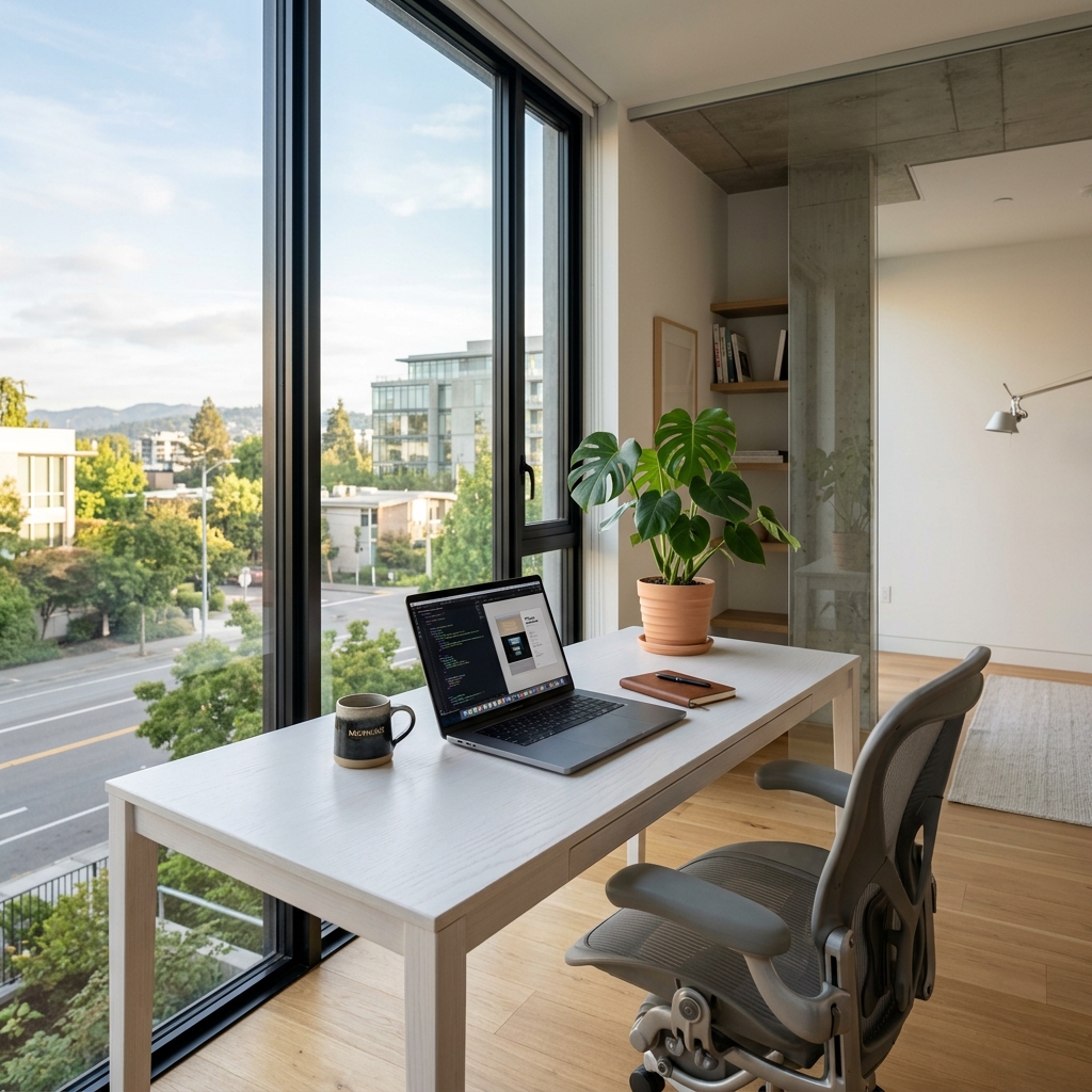 Minimalist modern office with a laptop and soft natural light