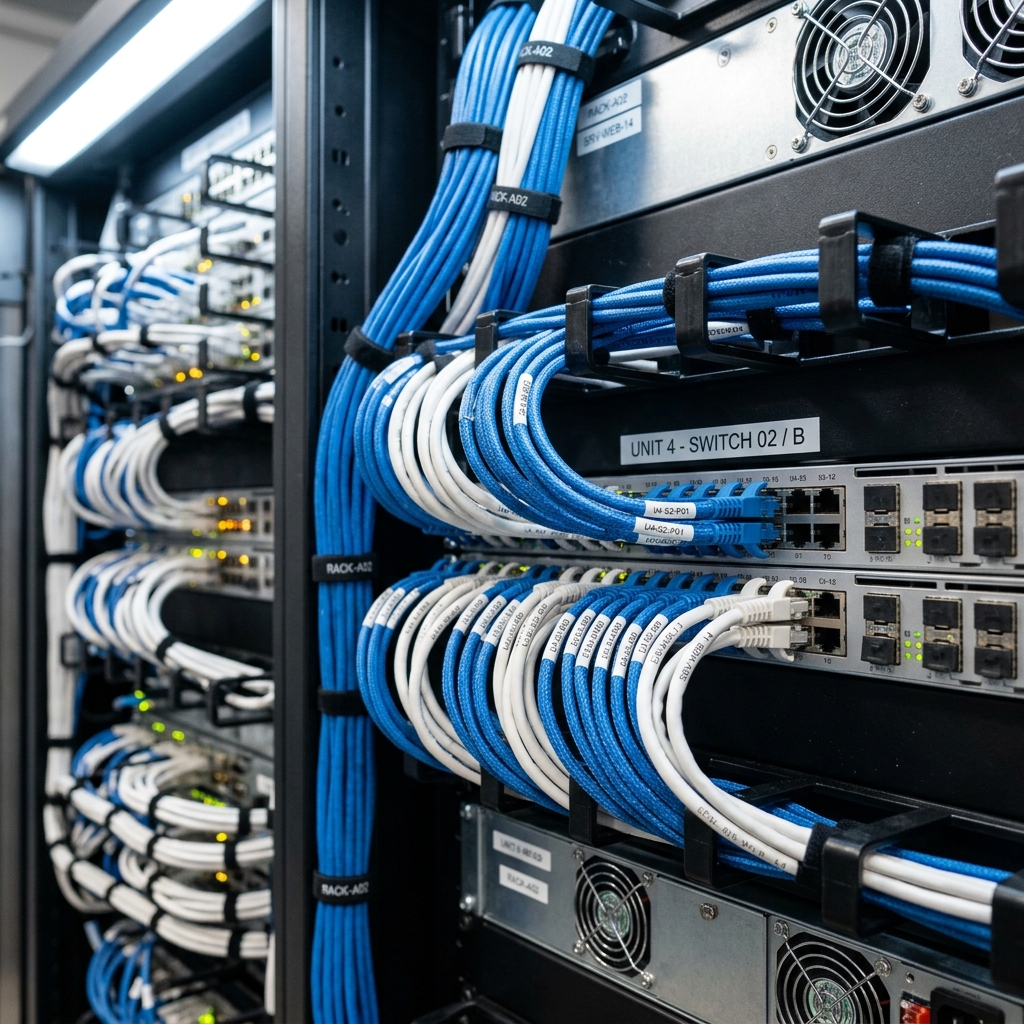 Macro shot of neatly organized network cables